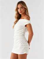White Off-Shoulder Ruched Bodycon Mini - Image 5