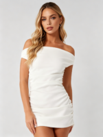 White Off-Shoulder Ruched Bodycon Mini - Image 6