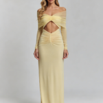 Pale Yellow Mesh Off-Shoulder Evening Gown