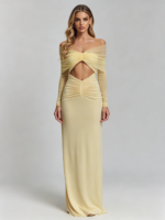Pale Yellow Mesh Off-Shoulder Evening Gown