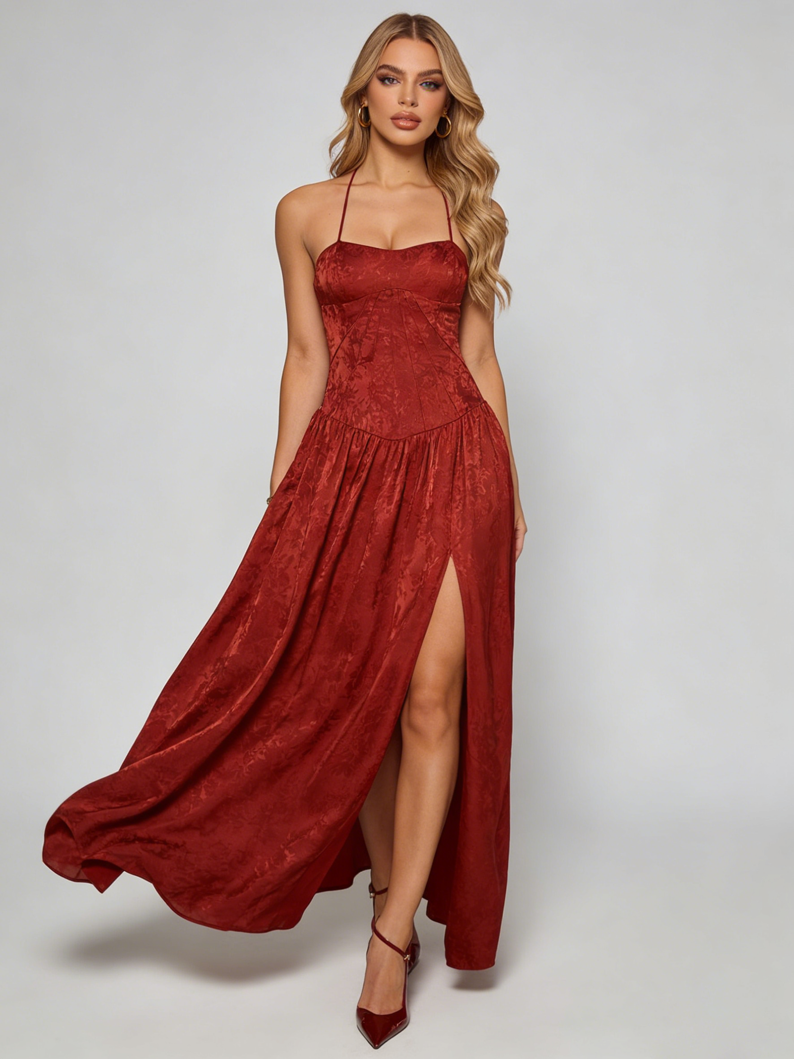 新对话 Elegant Red Floral Print Party Dress - Image 1