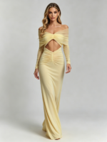 Pale Yellow Mesh Off-Shoulder Evening Gown - Image 3