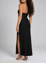 Black Halter Ruched Maxi Dress with Slit - Image 3