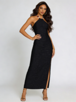Black Halter Ruched Maxi Dress with Slit - Image 5