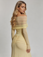 Pale Yellow Mesh Off-Shoulder Evening Gown - Image 4
