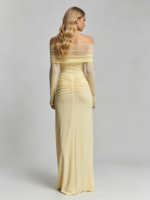 Pale Yellow Mesh Off-Shoulder Evening Gown - Image 5