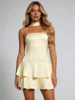 Champagne Satin Tiered Halter Dress - Image 2