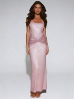Pink Sparkly Rhinestone Ruched Bodycon Maxi Dress - Image 5