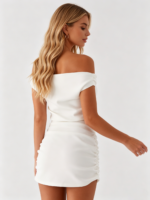White Off-Shoulder Ruched Bodycon Mini - Image 3