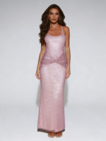 Pink Sparkly Rhinestone Ruched Bodycon Maxi Dress - Image 2