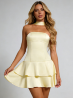 Champagne Satin Tiered Halter Dress - Image 3