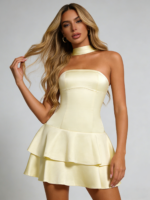 Champagne Satin Tiered Halter Dress - Image 4