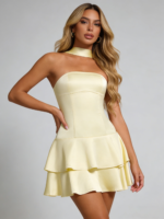 Champagne Satin Tiered Halter Dress