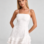 White Floral Jacquard Spaghetti Strap Mini Dress