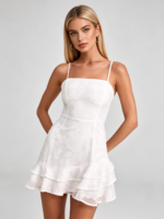 White Floral Jacquard Spaghetti Strap Mini Dress