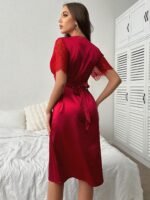 V-Neck Silky Satin Lace Sleeve Sleep Dress - Image 4