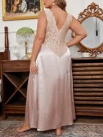 V-Neck Lace Trim Silky Satin Maxi Sleep Dress - Image 9