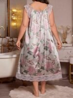 Floral Print Lace Trim Satin Nightgown - Image 2