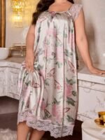 Floral Print Lace Trim Satin Nightgown - Image 3