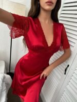 V-Neck Silky Satin Lace Sleeve Sleep Dress - Image 6