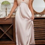 V-Neck Lace Trim Silky Satin Maxi Sleep Dress