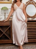 V-Neck Lace Trim Silky Satin Maxi Sleep Dress