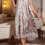 Floral Print Lace Trim Satin Nightgown