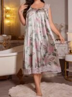 Floral Print Lace Trim Satin Nightgown