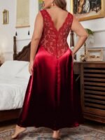 V-Neck Lace Trim Silky Satin Maxi Sleep Dress - Image 2