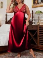V-Neck Lace Trim Silky Satin Maxi Sleep Dress - Image 3