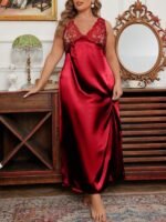 V-Neck Lace Trim Silky Satin Maxi Sleep Dress - Image 4
