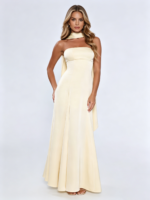 Elegant Ivory Halter Ribbon Satin Formal Gown