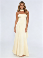 Elegant Ivory Halter Ribbon Satin Formal Gown - Image 4