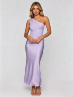 Elegant One Shoulder Lilac Satin Evening Dress - Image 4